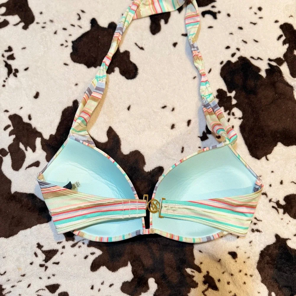 Victoria's Secret Bikini Top Womens 34DD Multi Striped Gold Metallic Beachy Boho